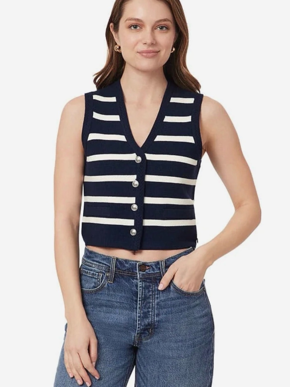 Scotch & Soda Navy and White Striped V-Neck Vest Cardigan Knit Button Size L NWT